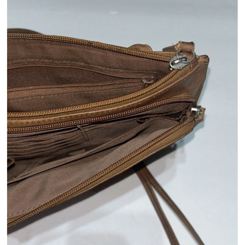 Fossil Small Leather Handbag Cognac Brown Crossbody Organizer Purse Double Zip